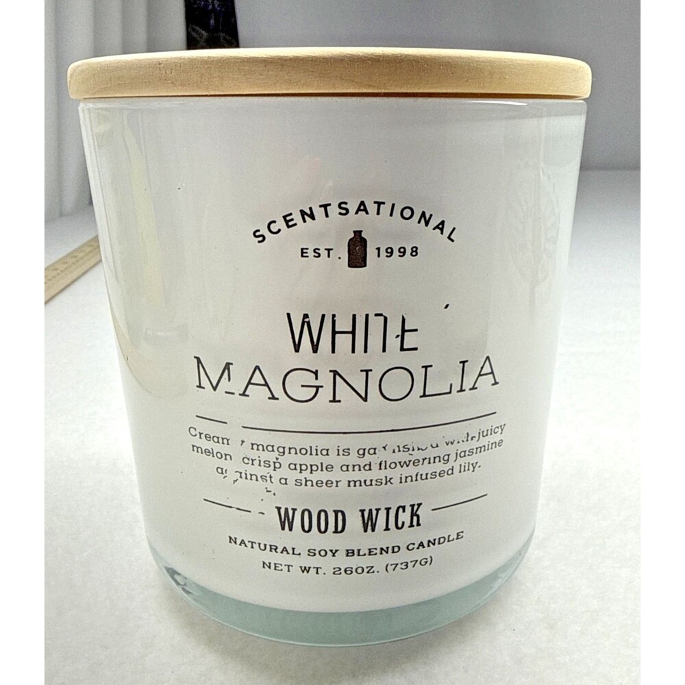 Scentsational White Magnolia Wood Wick Soy Blend Candle 26 oz Wood Lid Jar